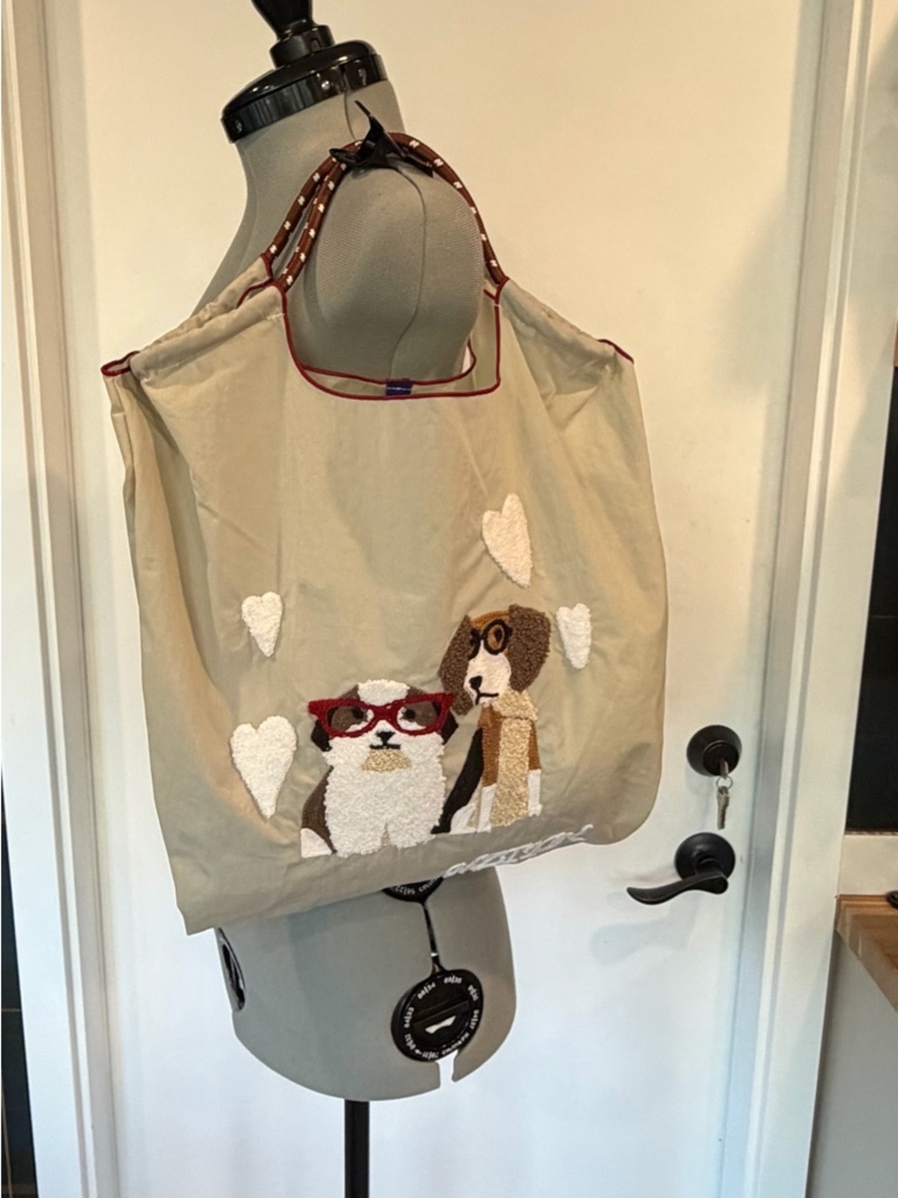 Mztkin nylon tote, cord handles, embroidered dogs in glasses, M, beige, like new - Picture 10 of 12